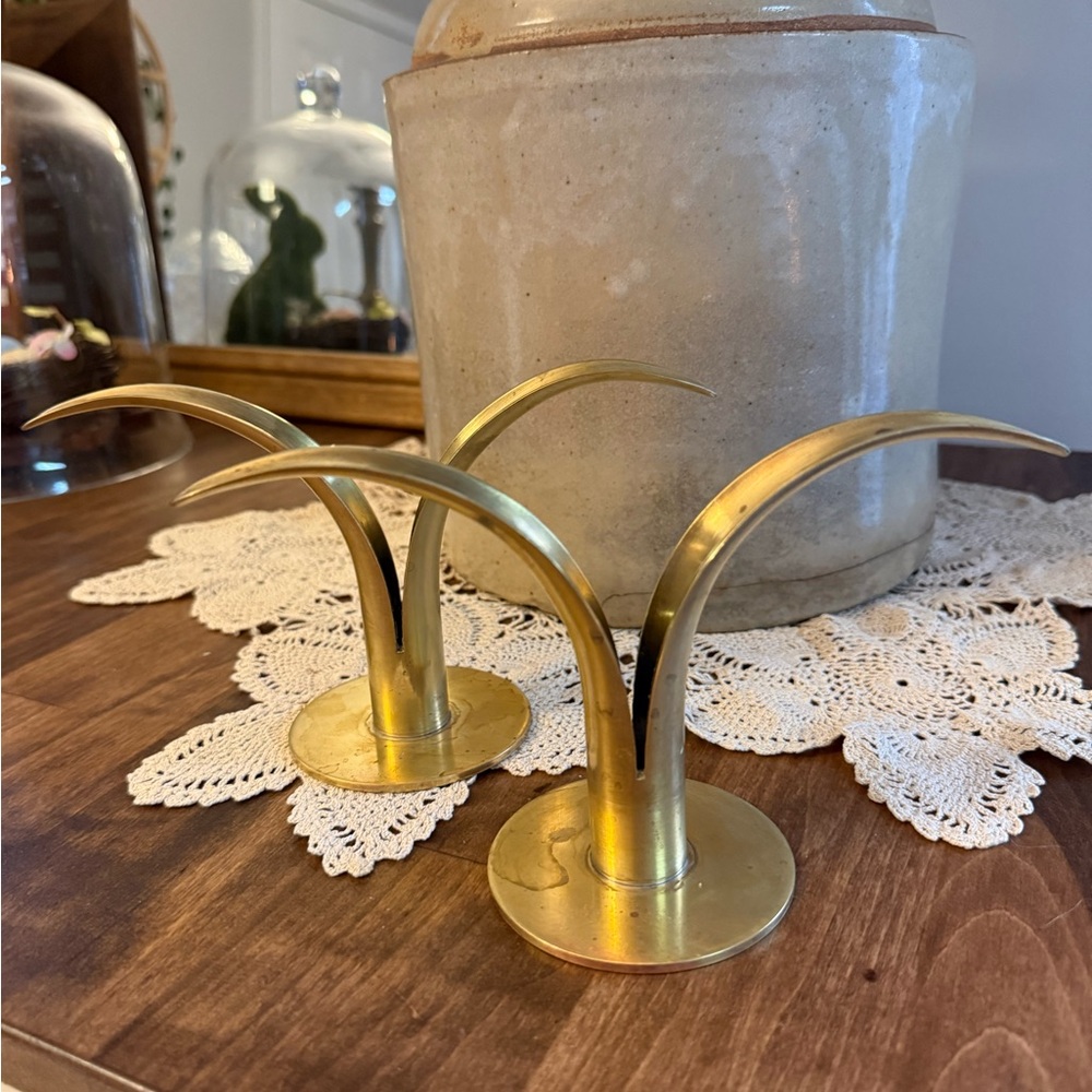 Beautiful vintage Pair of MCM Brass Lily Candleholders by Konst of Sweden.